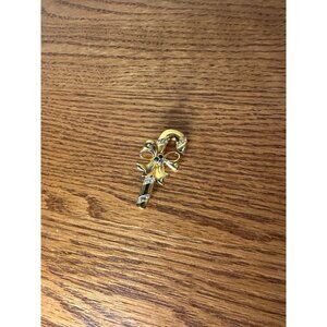Vintage MERKSAMER Gold Tone Candy Cane Pin Brooch Bow Rhinestones Christmas